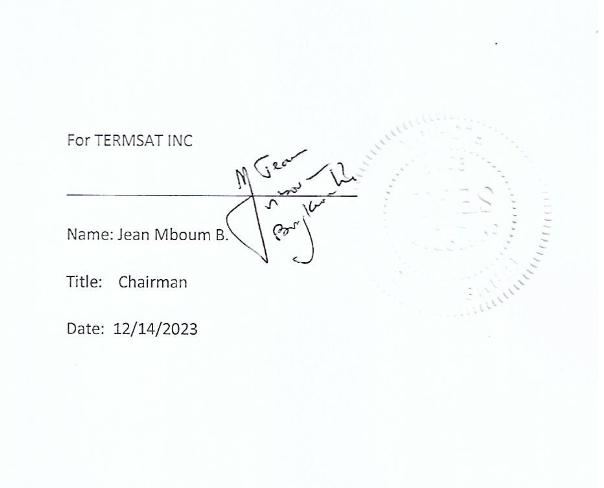 Contract signature by Jean Mboum B., Chairman of Termsat Inc., dated 14 December 2023