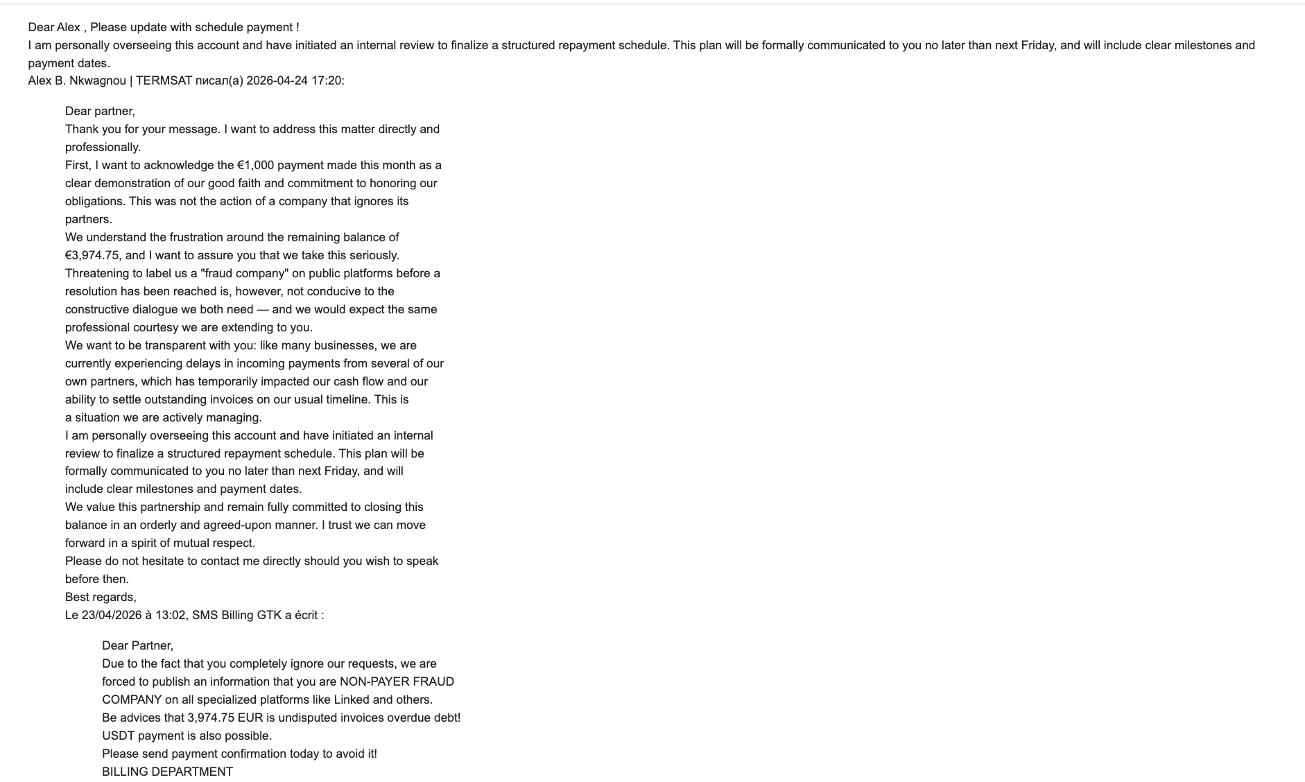 Email from Alex B. Nkwagnou acknowledging €3,974.75 debt
